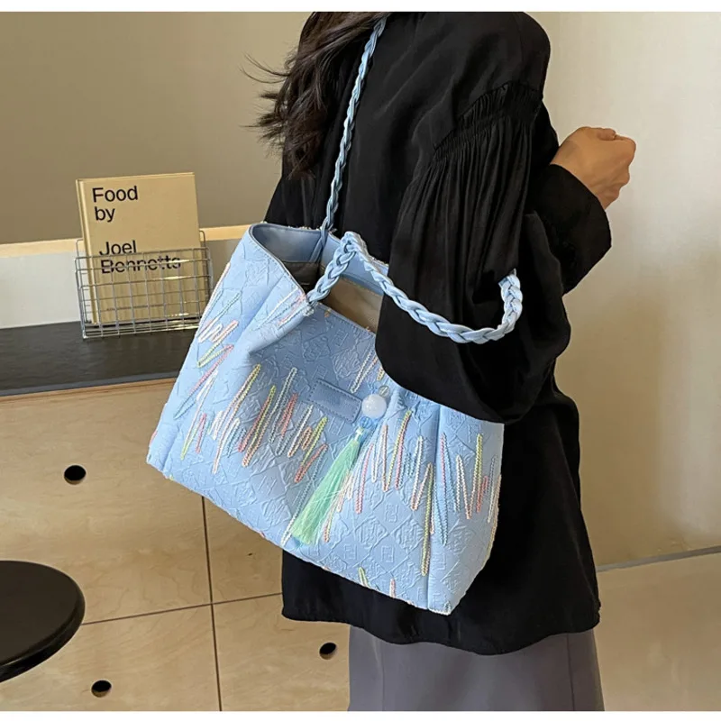 Large Capacity Women's Bag 2024 New Canvas Commuting Contrast Color Handbag Striped Multi functional Shoulder Bag