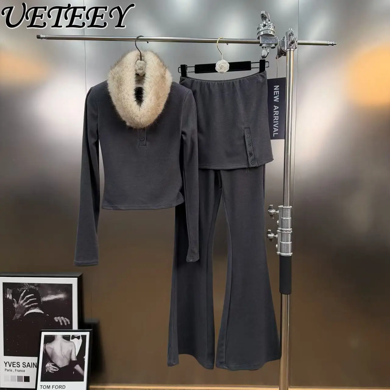 

Autumn Winter New Fake Two-Piece Flared Pants and Long Sleeve Fur Collar Top Pure Desire Hot Girl Style Casual Three-Piece Set