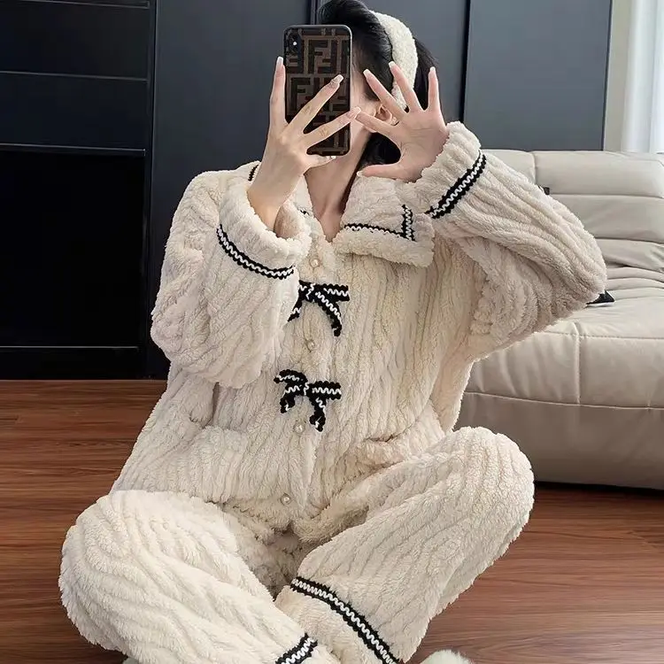 Long Sleeve Top&pants Thicken Flannel Homewear Warm Sleepwear Lady Autumn Winter New Loungewear Sexy Bow Button Down Pajamas Set