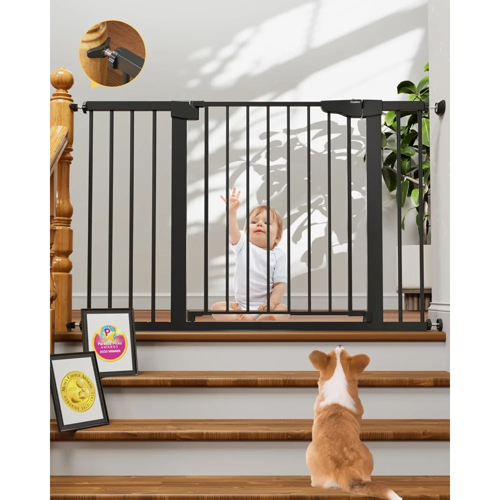 

Auto Close Safety Pet Gate for Stairs and Doorways Pressure Mounted with Walk Through Door Black