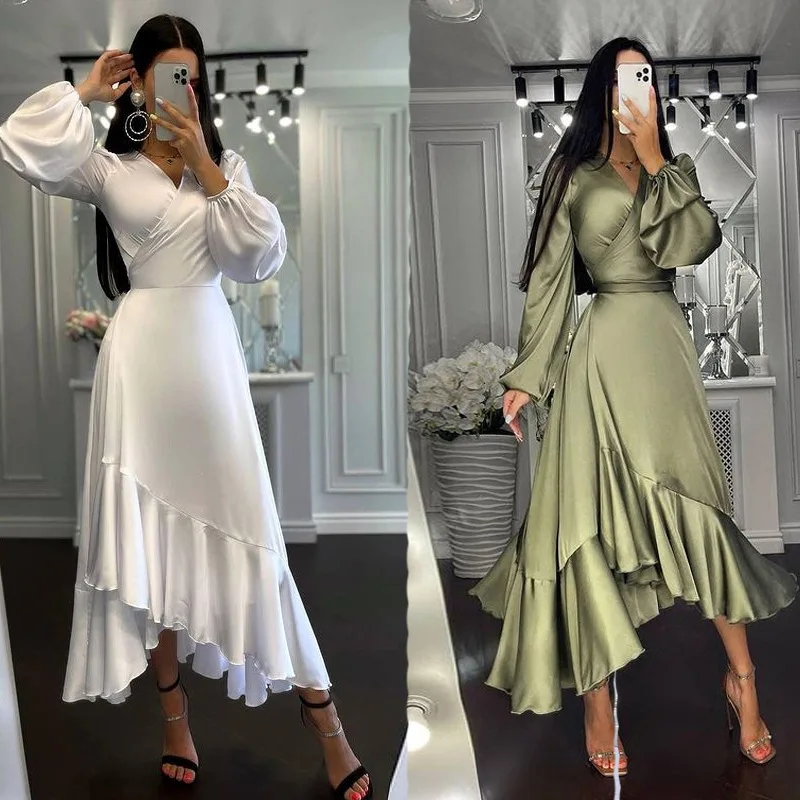 

Rocwickline New Summer and Autumn Women's Dress Sexy & Club Celebrities Solid V-Neck Lantern Sleeve Sheath Ruffles Sashes Dress