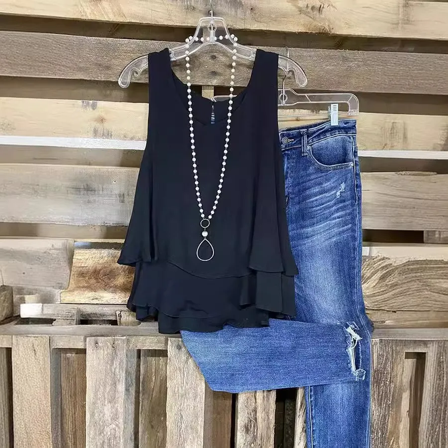 Lässige doppellagige Baumwoll-Leinen-Svel-Weste für Damen, gefälschtes zweiteiliges T-Shirt, bequem, atmungsaktiv, für die Frühlingsaison