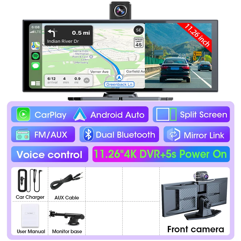 11,26 inch Dash Cam Auto DVR 4K Camera Draadloos Carplay Android Auto Touchscreen Dual Len Videorecorder Dashboard BT FM AUX GPS - afbeelding 1