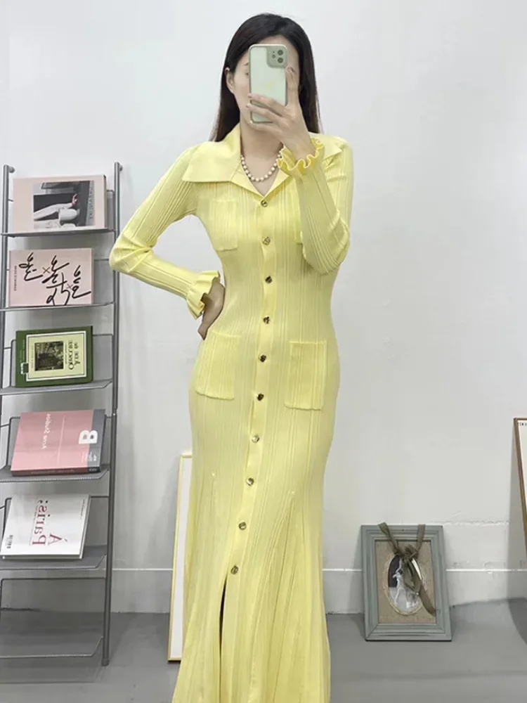 2024 Autumn Winter Knitted Dress Women Casual Single Breasted Pockets Slim Long Sleeve Maxi Long Dresses Robe Vestidos De Mujer