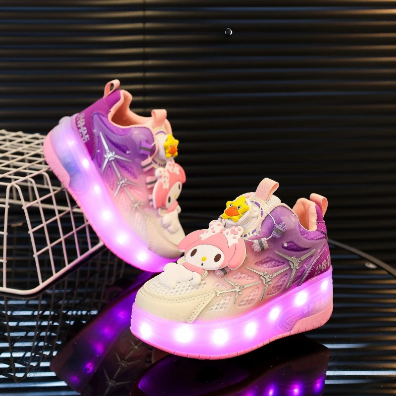 

Детская повседневная обувь, кроссовки со светодиодной подсветкой, мультяшная Куроми, искусственная кожа для девочек на толстой подошве, Нескользящая дышащая розовая обувь, размер 29-38