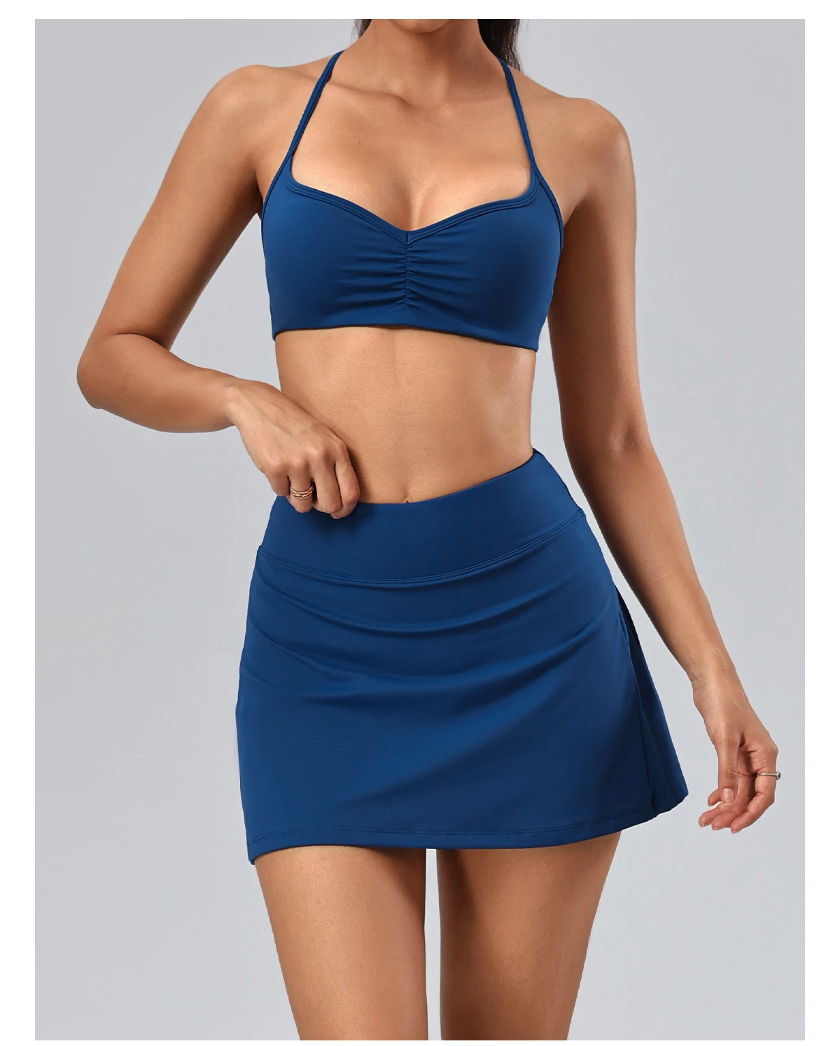 Hearuisavy Damen 2-teiliges Fitness-Set: Hochtaillierte Yoga-Caprihose mit weitem Bein, Push-Up-Sport-BH, schnelltrocknender Tennisrock für das Fitnessstudio. – Detail 16