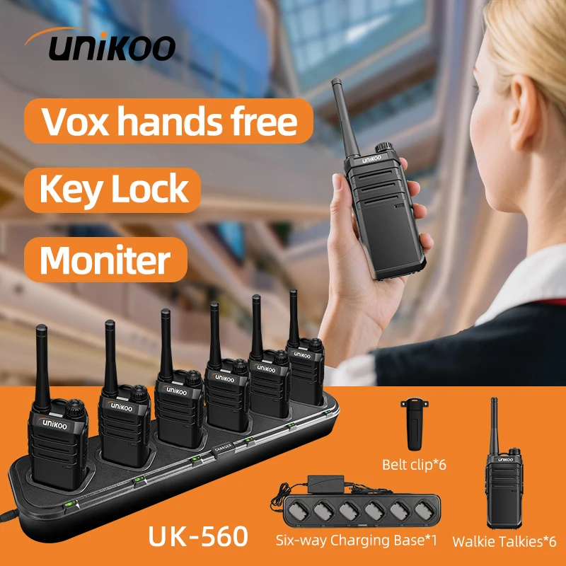 

UNIKOO UK560 6PCS Walkie Talkie Channel 16 VOX 400-470MHz Portable Amateur Two Way Radios For Hunting With Six Way Charger