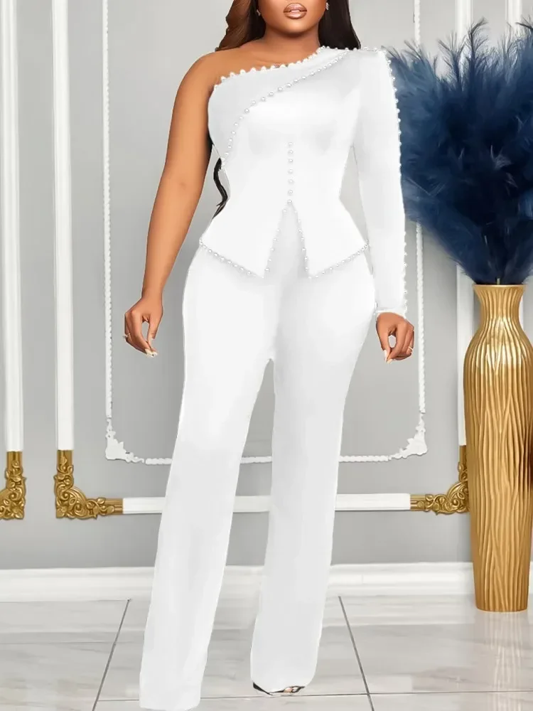 2 قطعة مجموعة الملابس الأفريقية للنساء كتف واحد بلايز واسعة الساق بانت الدعاوى ربيع جديد الصلبة فضفاض ملابس أفريقيا غير رسمية مجموعات