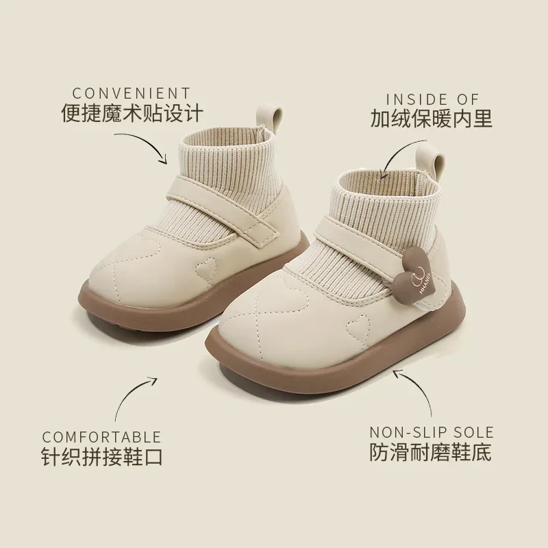 أحذية جلدية مسطحة للفتيات الصغيرات مبطنة بالصوف أحذية جورب دافئة للأطفال في الخريف والشتاء للمشايات الأولى #3