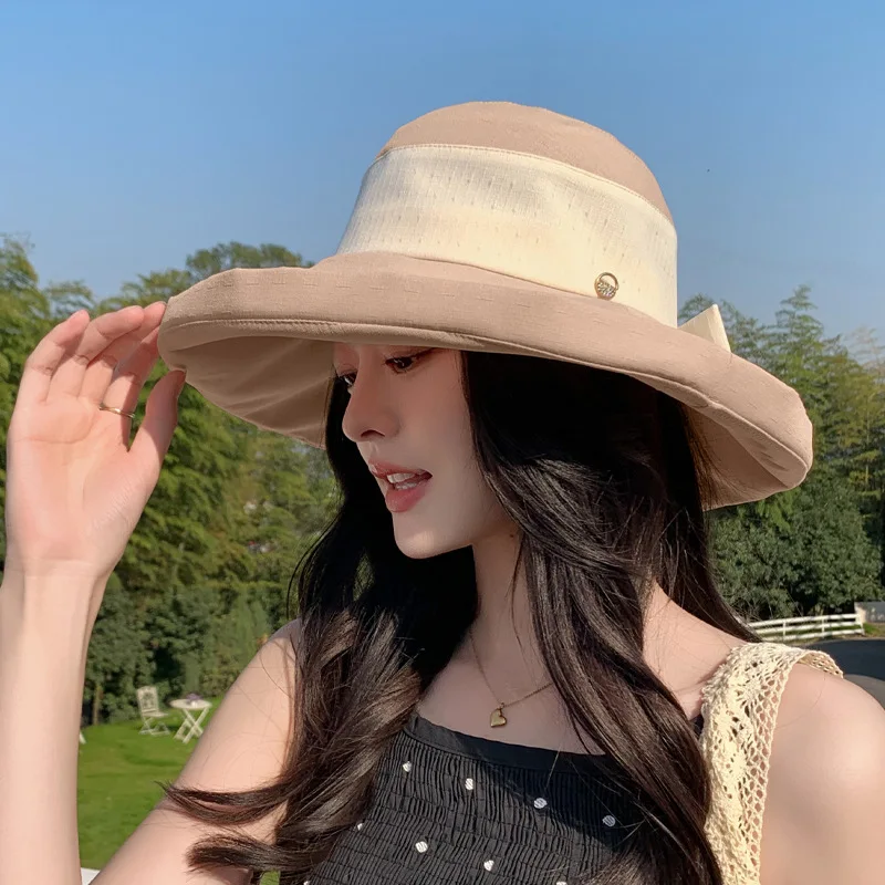 Large Brim Sunhat Women Korean Fashion Bow Fisherman Hat Outdoor Outing Sunscreen Hat Soft 56-58cm