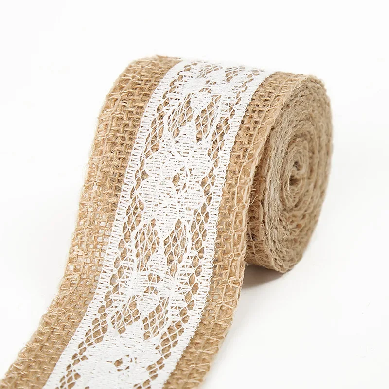 2 Yards/Roll Natural Burlap Ribbon Rolls with Lace Jute Twine for DIY Handmade Wedding Party Crafts