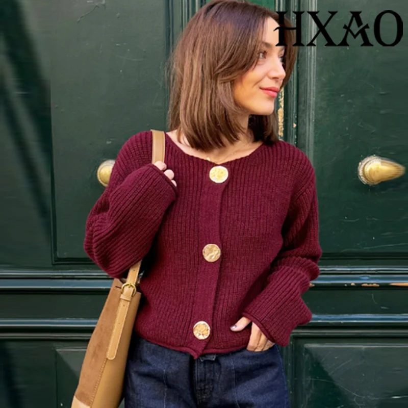 HXAO Knitwears Outerwears Autumn Winter Cropped Sweaters Knitted Cardigan Women Long Sleeve Sweaters Knit Cardigan Button Jacket