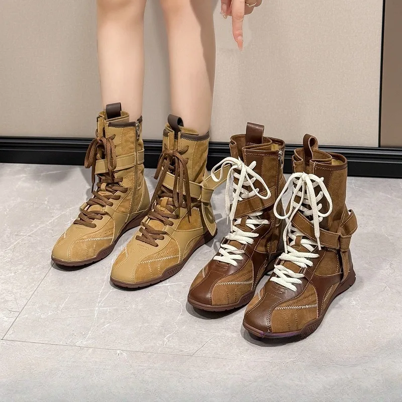 

Новые средневековые короткие ботинки в стиле ретро с цветными блоками и перекрестными ремешками, модные женские ботинки с декоративной пряжкой на ремне и боковой молнией в стиле Wasteland