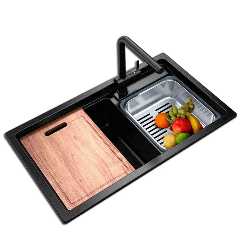 

*Drain basket with cutting board Stone sink set Double slot Granite kitchen Vegetable basin Handmade