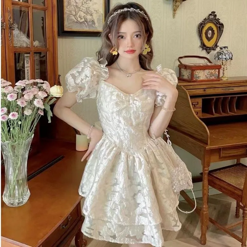 

Summer Fashion Sweet Cake Short Dresses Femme High Waist Puff Sleeve with Tutu Dress Fairy Elegant Evening Dresses for Women