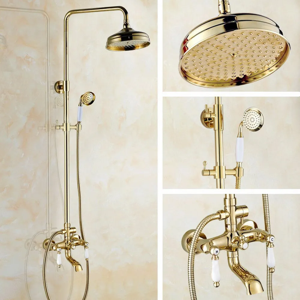 

Polished Gold Bathroom Shower Faucet Set Single Handle 8" Rainfall Shower System with Tub Spout + Handshower Ngf371