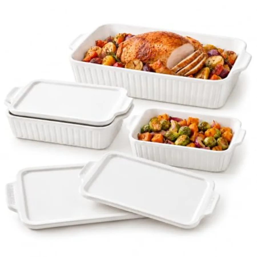 Rectangular Ceramic Baking Dish Set with Lids, Casserole Dishes for Oven White, Heat-Resistant, Non-Porous, Dishwasher-Safe
