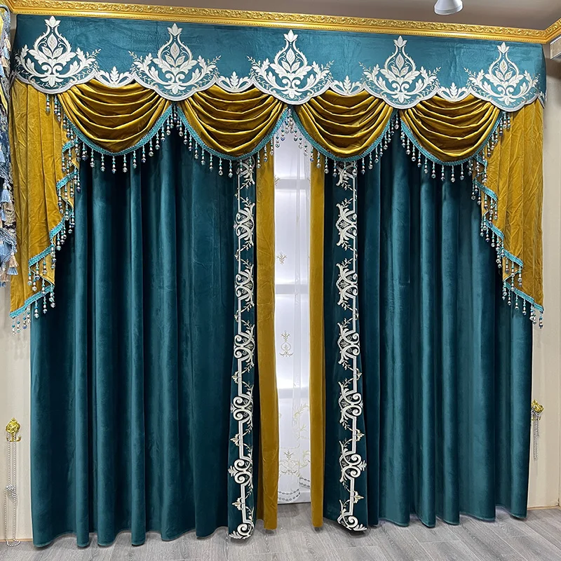 

Custom curtain American bedroom upscale dark green American flannel blue velvet cloth blackout curtain tulle valance drape C1258