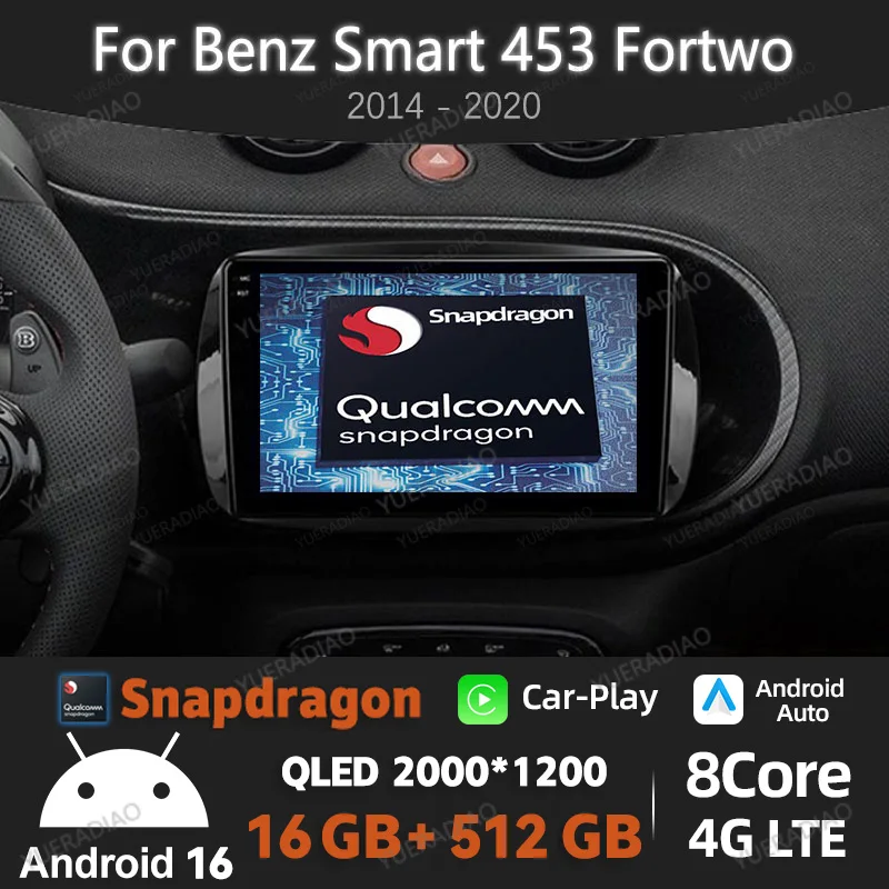 Android 16 Car Radio For Mercedes Benz Smart 453 Fortwo 2014 - 2020 Mirror Link Qualcomm GPS NAVI Touch Screen 2K QLED FM SWC BT