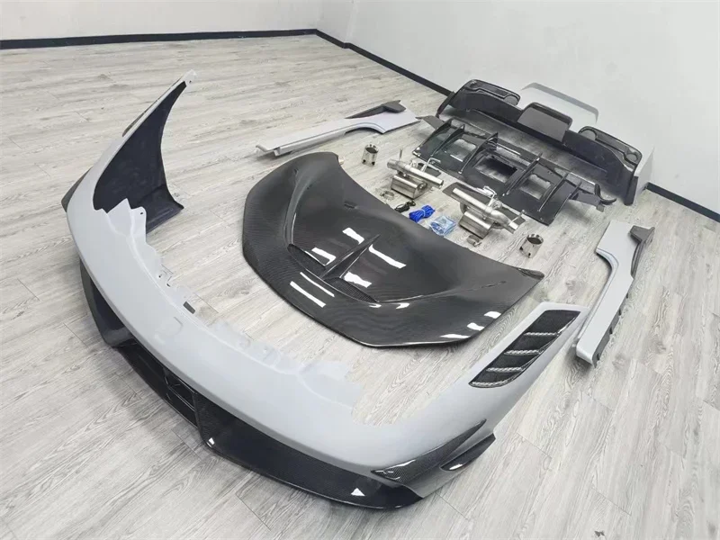 Suitable for 458 Italian Spider Body Kit SP Style Semi Carbon Fiber Front Bumper, Rear Bumper, Side Skirts, Engine Hood