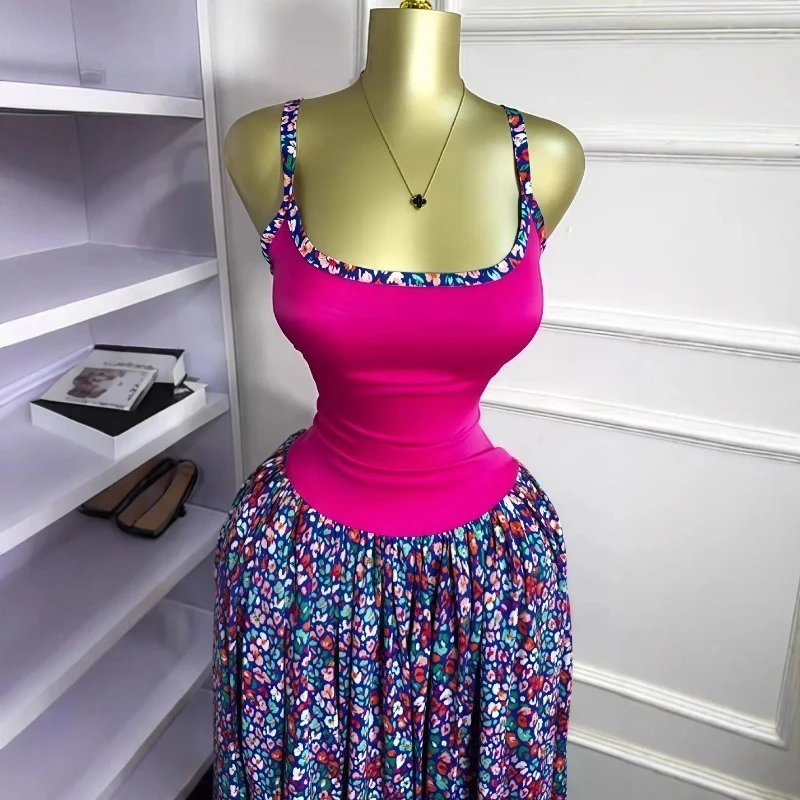 Damska Sukienka Maxi na Ramiączkach z Kwiatowym Nadrukiem i Łączonymi Wstawkami, Długa Sukienka na Lato 2025, Plażowa, Urodzinowa, Seksowna, Klubowa, Wieczorowa