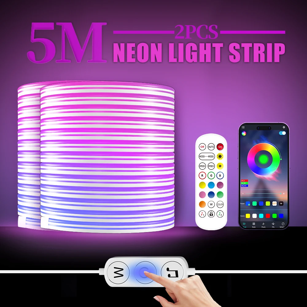 

KANTUTOE 5M RGB Neon Light Strip 24V LED Dimmable Waterproof Neon Lamp Flexible Tape Silicone Bedroom Backlight DIY Decor 2PCS