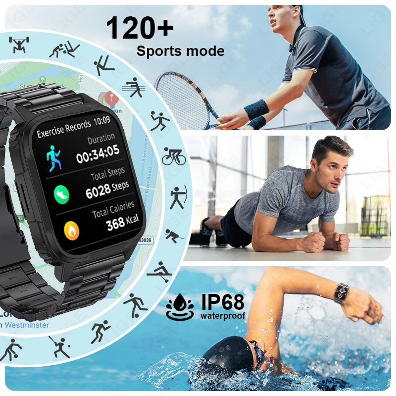 LIGE-Montre connectée LW9 pour les hommes, étanche conforme à la norme IP68, avec moniteur de rythme cardiaque et météo, Bluetooth, appels, nouveau modèle de 120