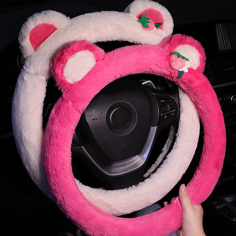 

2024 New Winter Plush Strawberry Bear Car Steering Wheel Cover Cute Fluffy Cartoon Steering-Wheel Case for Women Car Accessories