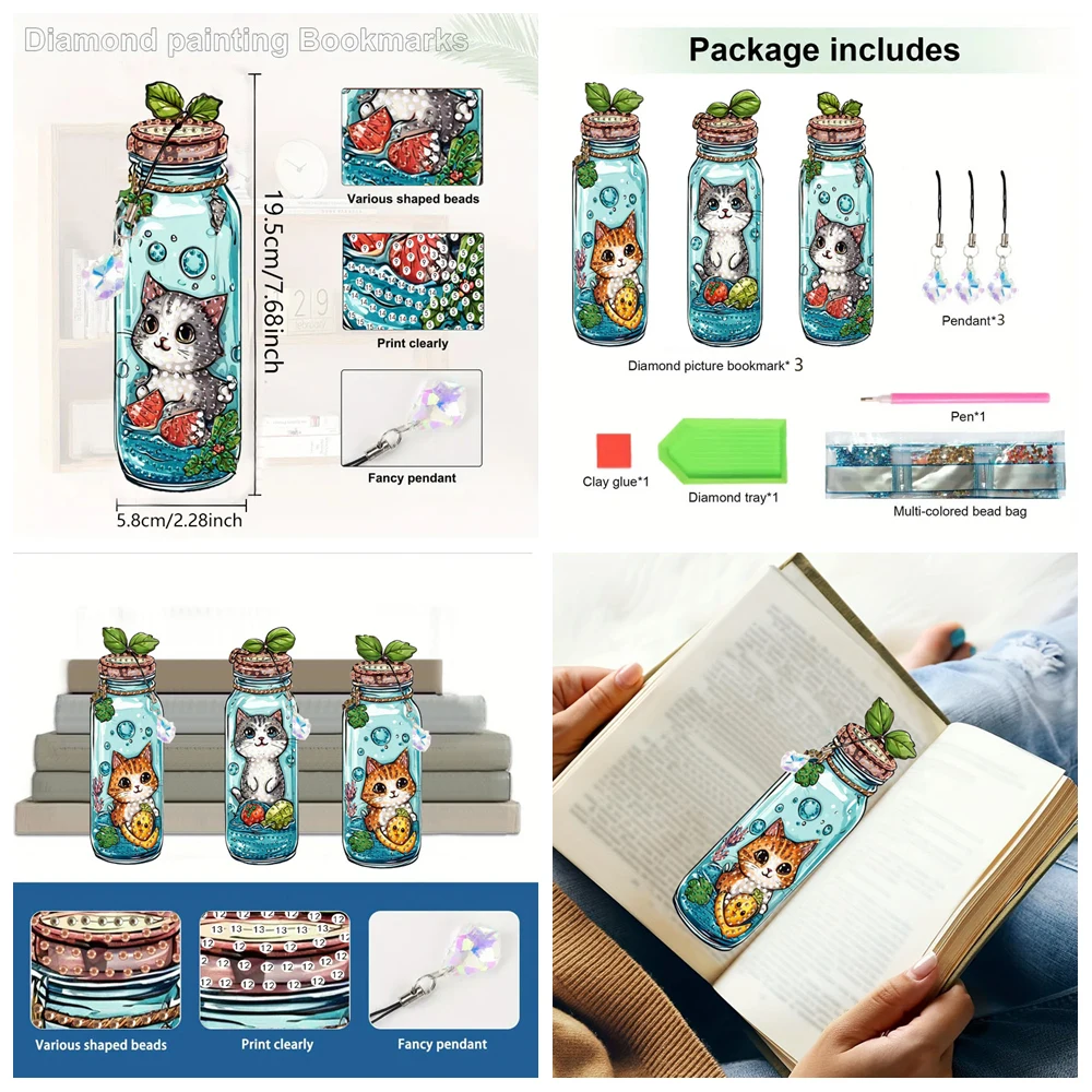 3 marcapáginas de arte con diamantes de gatos DIY para adultos, marcapáginas de diamantes de imitación de cristal acrílico para notas de libros, regalos para festivales y vacaciones