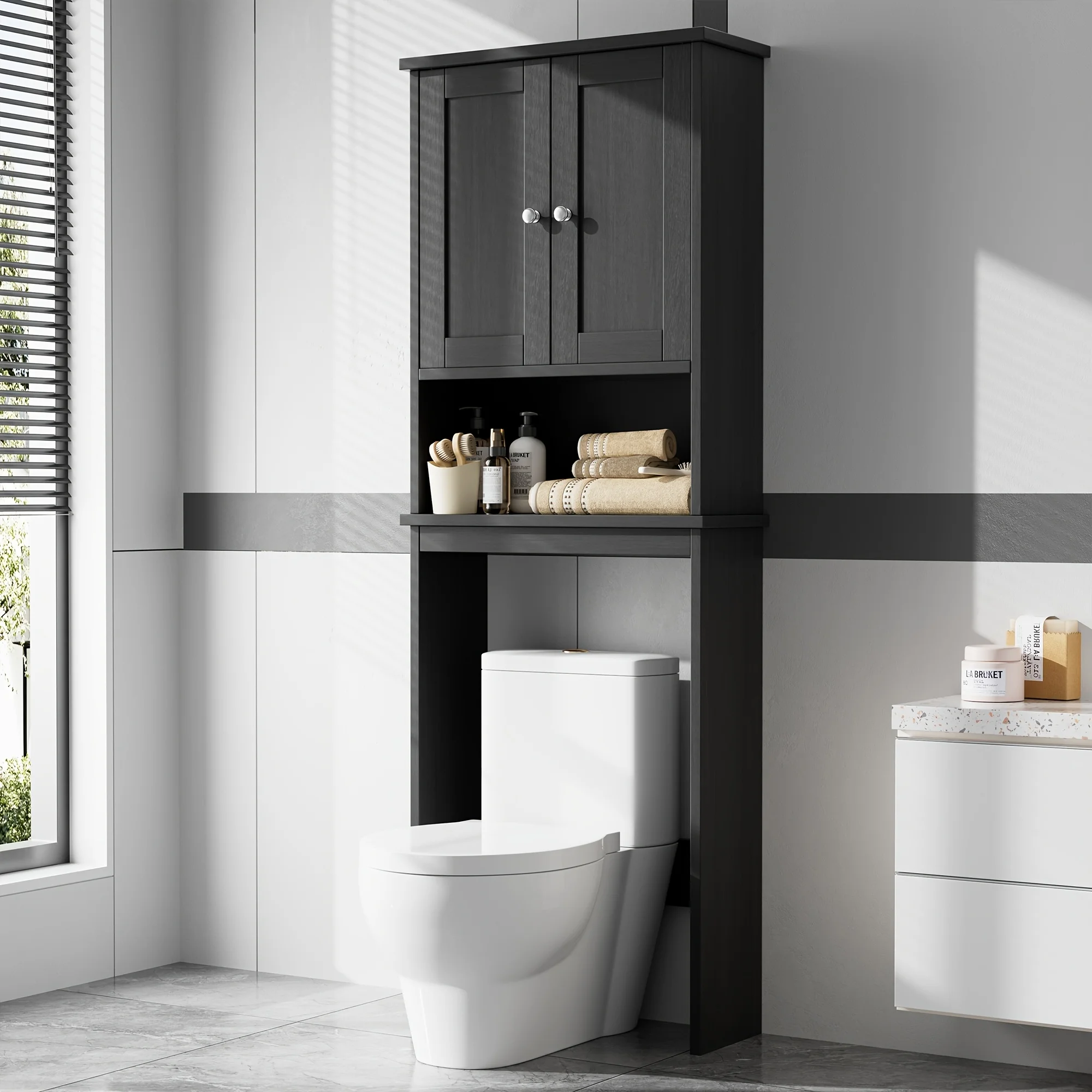 

Modern Over-The-Toilet Bathroom Cabinet with Adjustable Shelves & Double Doors - Space-Saving -Standing Toilet Storage