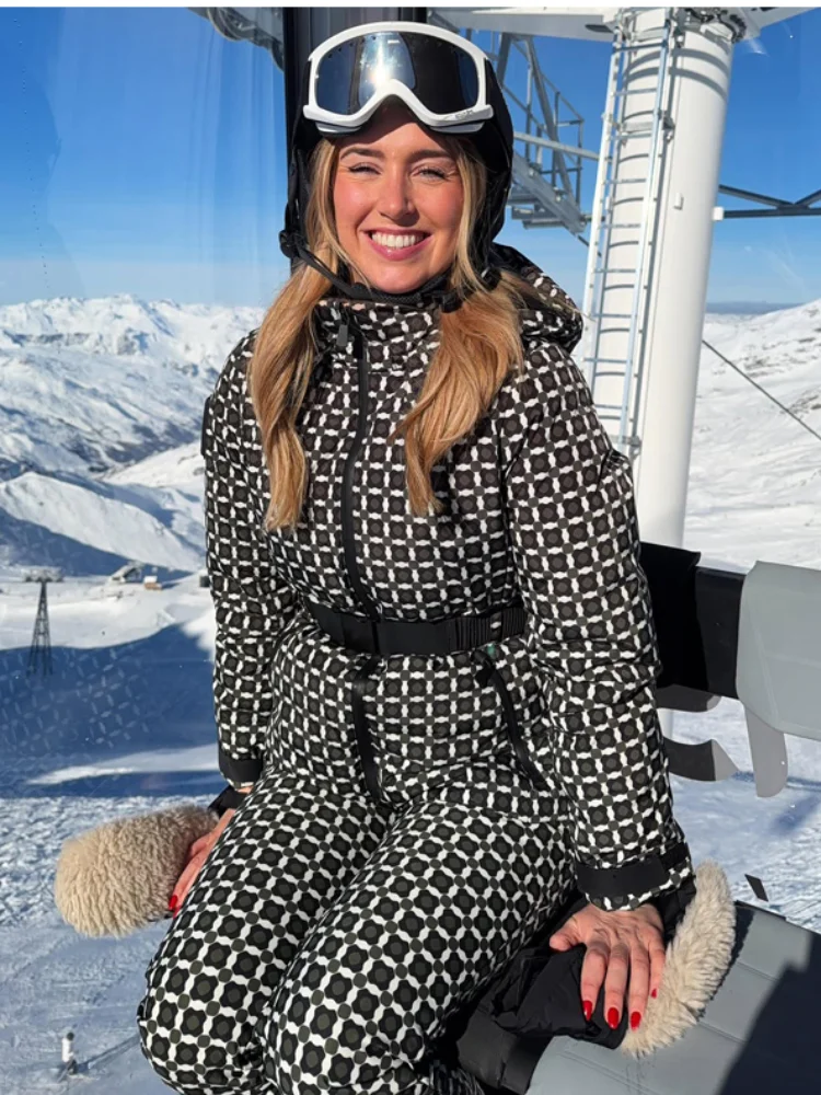 

Lady Plaid Skiwear Long Pants Set Women Casual Full Sleeve Hooded Belted Zipper Slim Coat Trousers Sets Chic Winter Warm Outfits