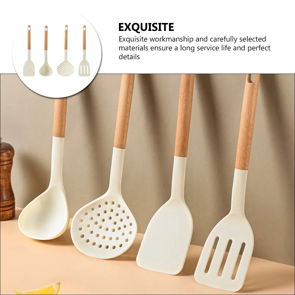 

Silicone Kitchenware Set Spatulas Non Stick Cooking Wood Handle Utensils Hanging Storage Camping Safe Pan Tool