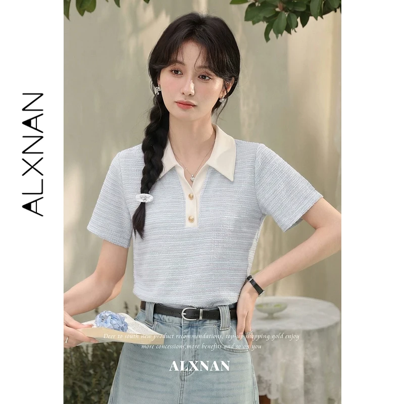 ALXNAN Women's Light Blue Polo T-shirt Summer Short Sleeve Tops Casual Elegant Soft Korean Style Ladies Tees 2026 New L65762A