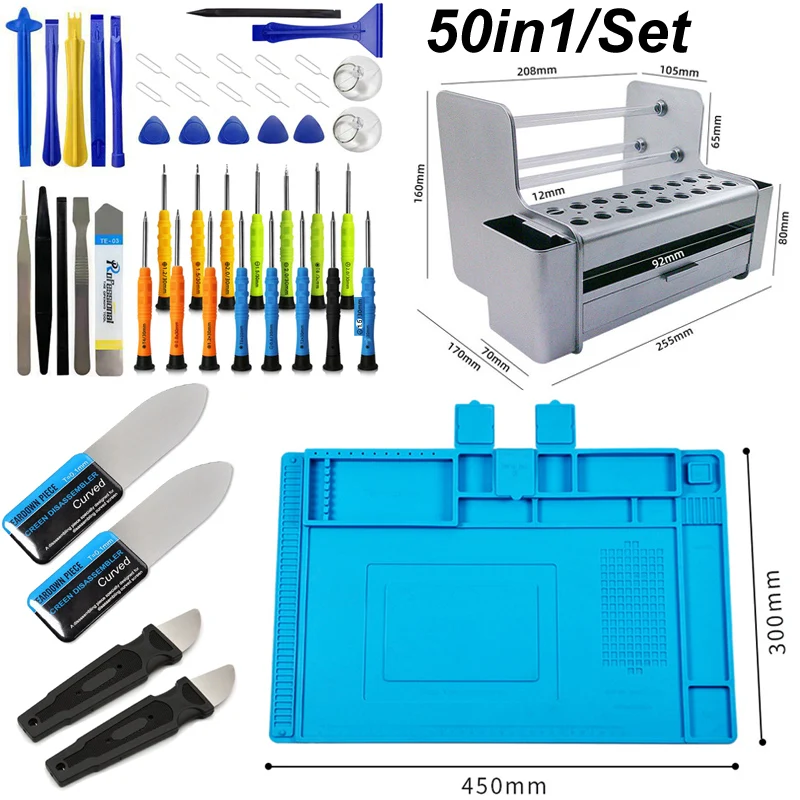 

50PCS Mobile Phone Repair Tools Hand Kit Set Opening Pry Bar LCD Screen Spudger Screwdriver Disassemble Work Pad Storage Box Stainless Steel Needle Sim Card