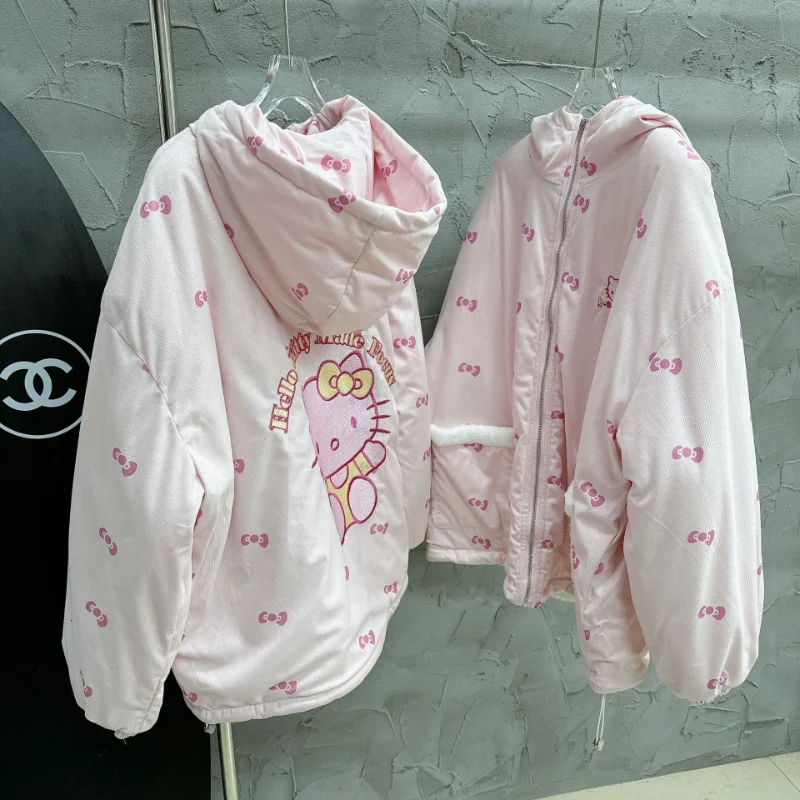 Winter Kids Hello Kitty Loose Jacket For Girls Coats Lamb Wool Plus Velvet Thick Cotton Coats Children Outwear Cotton Jackets