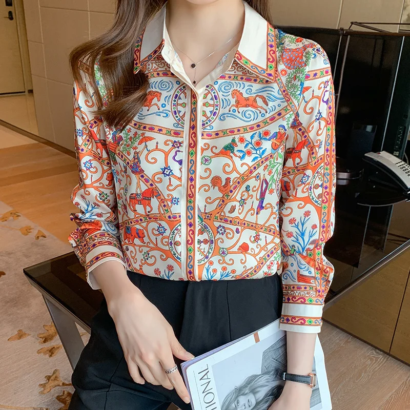 

Women Clothing Fashion Jacquard Chiffon Shirts Autumn Vintage Elegant Commute Tops Y2k Chic Turn-down Collar Blouse