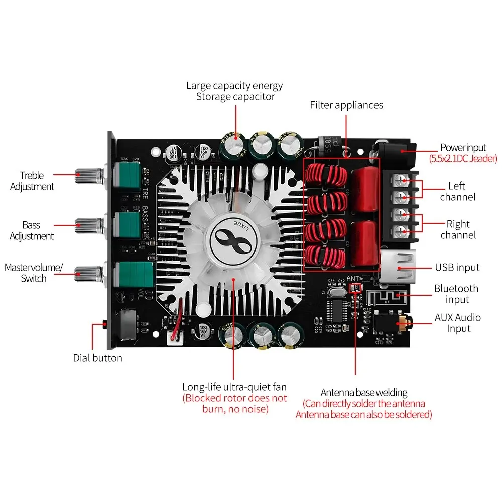 ZK-1602T بلوتوث 5.0 جهاز تضخيم الصوت مجلس TDA7498E 2.0 قناة عالية الطاقة USB AUX المدخلات الصوت مكبر صوت استيريو مجلس #4