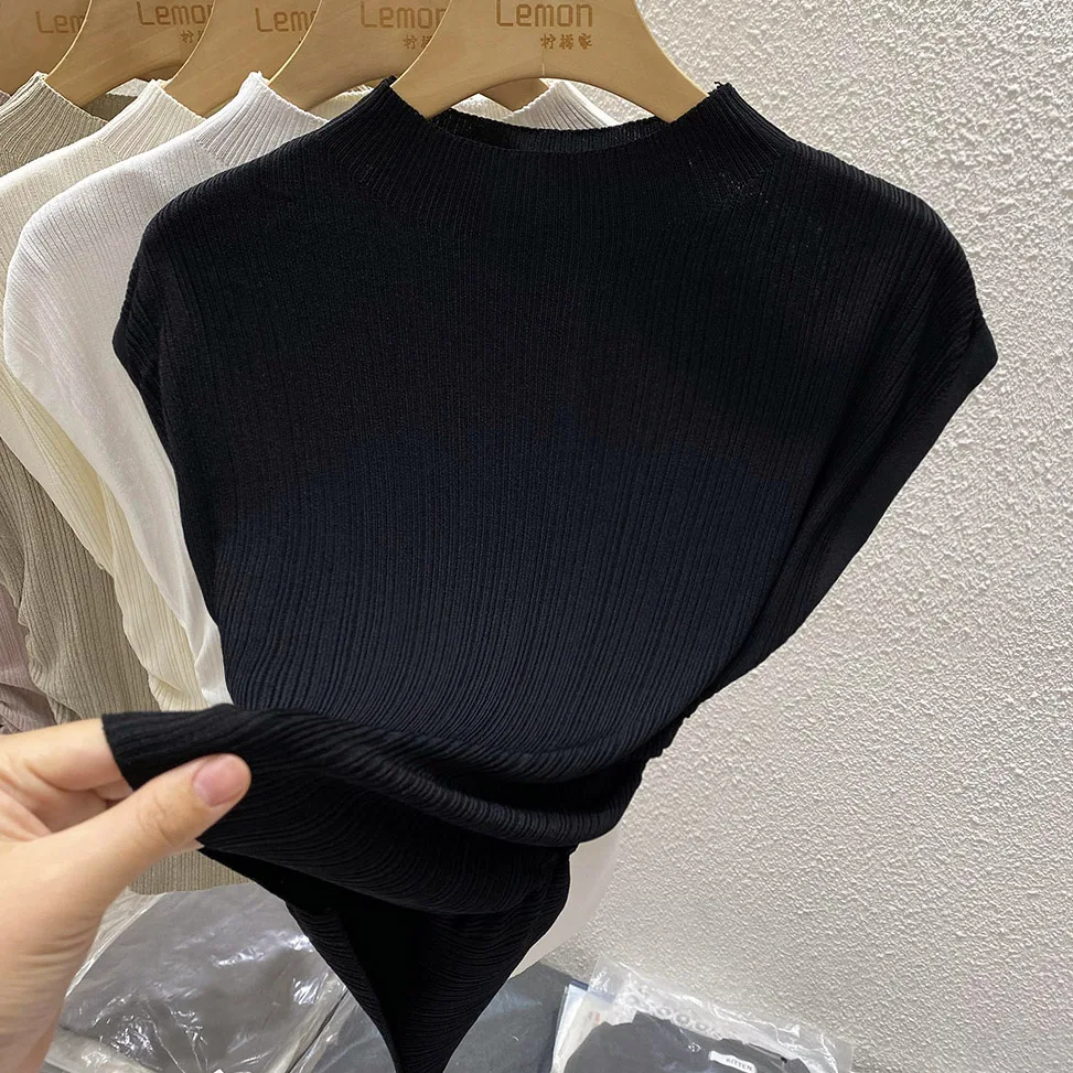 2026 Spring Summer Ice Silk Knit T-Shirt Half High Neck Waist Slimming Unique Design Slim Fit Short Sleeve Inner Tops