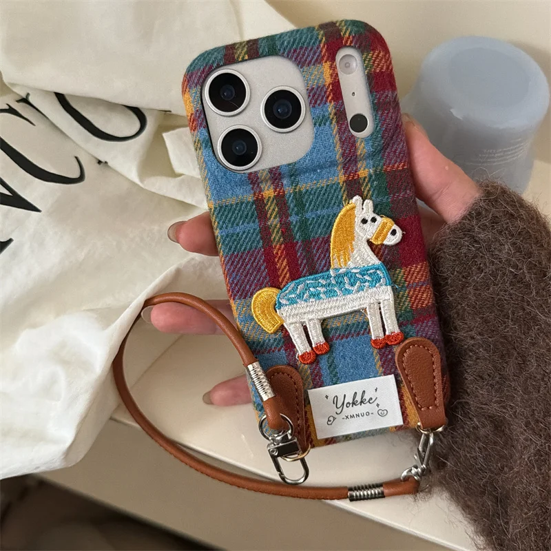 

New Autumn Winter Contrasting Colours Fluff Lanyard Case For iPhone 17 16 15 14 Pro Max 17 Patchwork Check Hand Rope Cover