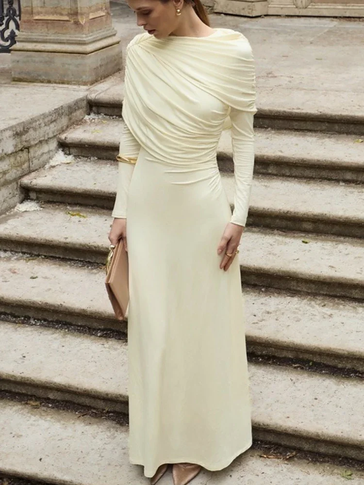 

FmxiresFashion Folds Solid Maxi Dress For Women Irregular Crumpled Round Neck Slim Elegant Party Dress Women's Autumn Long Dress