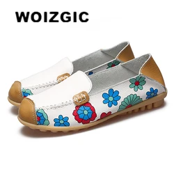 WOIZGIC Ladies Mother Women Female Genuine Leather Shoes Flats Soft Spring Autumn Flowers Slip On Plus Size 42 43 44 XY-Y178