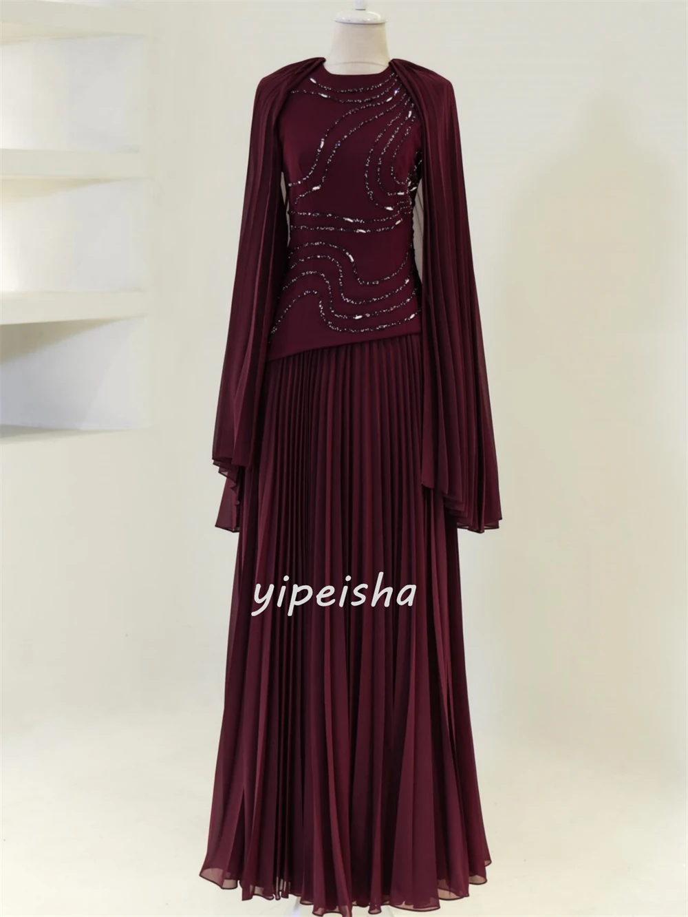Customized Fashion Women Jersey Beading A-line Evening Dresses O-Neck Long Sleeves Ruched Party Gown Matching Floor Lenght Dress image 4