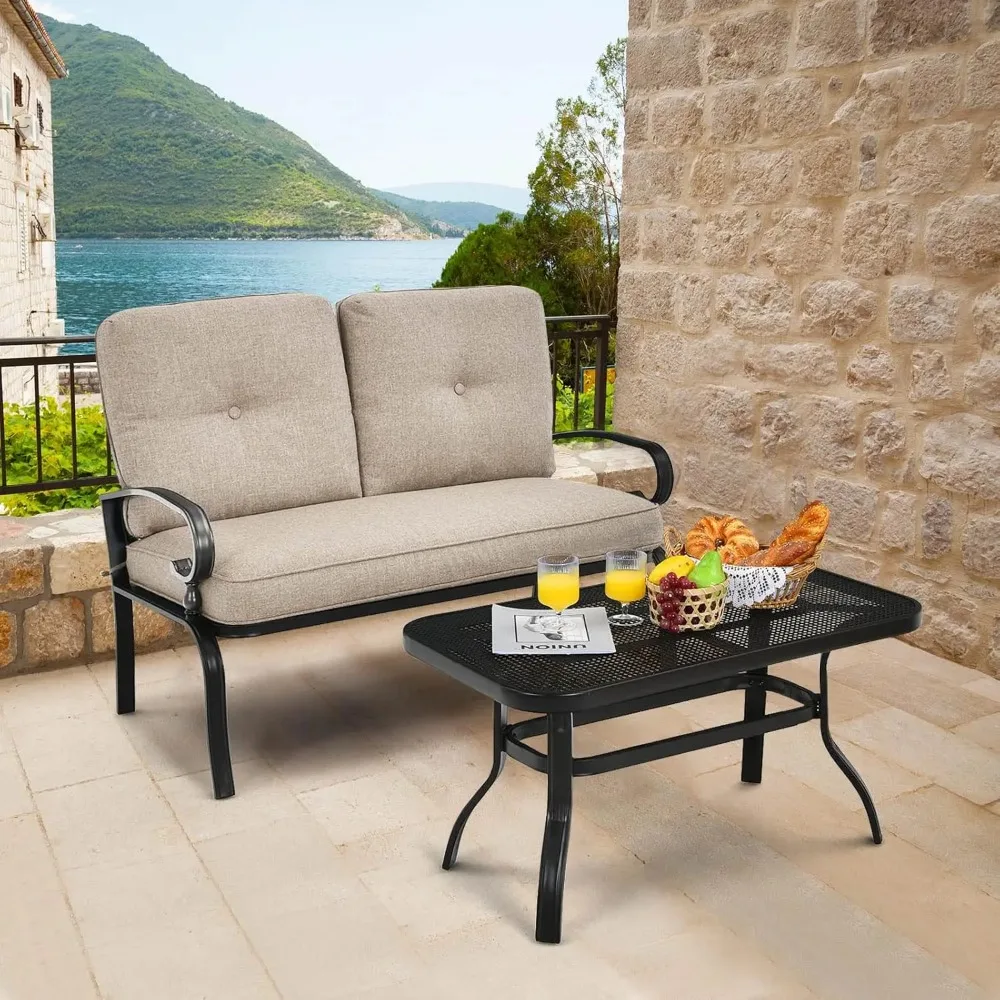 Patio Loveseat with Table Set, 2 Seat Cushioned Sofa with Coffee Table, Patio Conversation Sofa Set with Rustproof, Customized