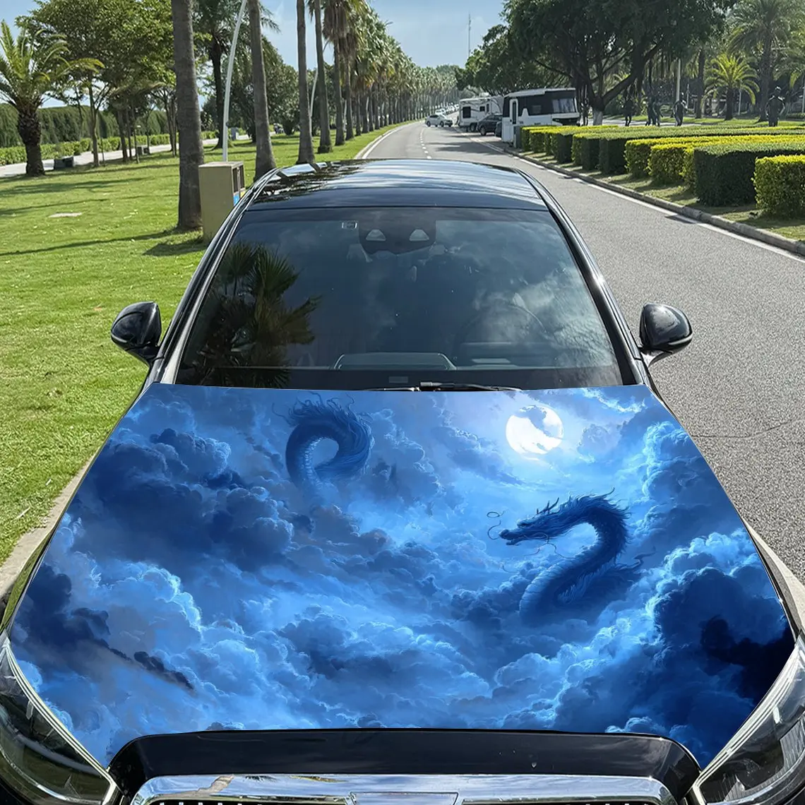 The Blue Dragon Under The Moon Car Hood Vinyl Wraps, PVC Waterproof Car Bonnet Decals, Self-Adhesive Scratch-Resistant Stickers