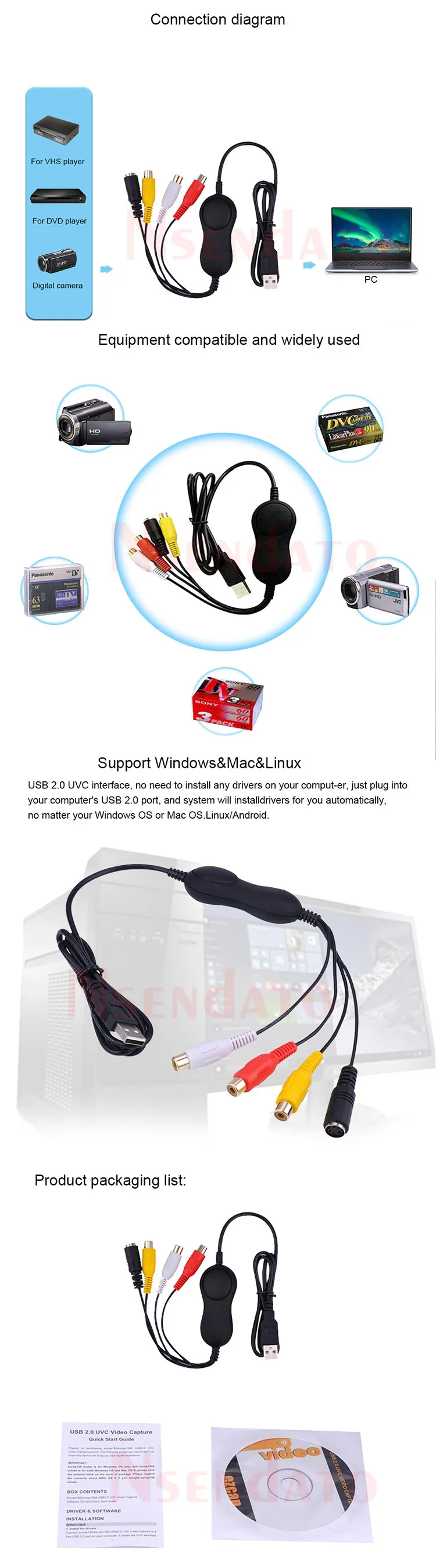Ezcap158 USB2.0 Video Audio Grabber Card Analog Video Recording to Digital USB UVC Capture for XBOX PS3 VHS Windows MAC Android