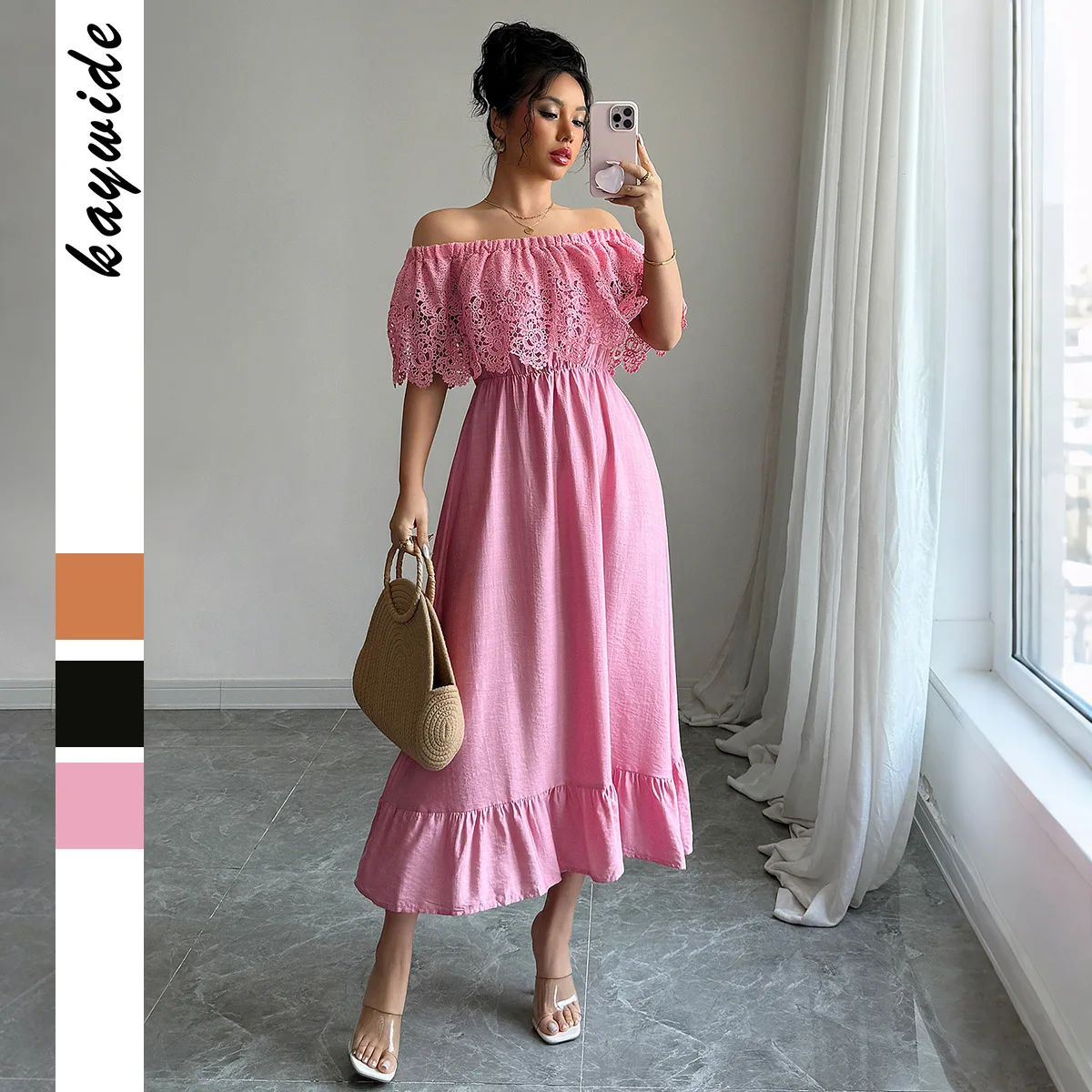 

Solid Color One Neck Dress, Women's Long Skirt, Off Shoulder A-line Vest, Lace Slim Fit Elegant Splicing Y2k Party, Summer 2025
