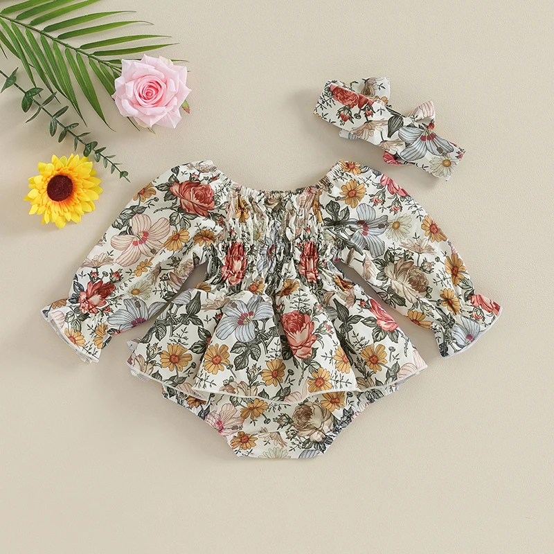 Newborn Baby Girl Romper Dress Outfit Long Sleeve Off-shoulder Flower Print Headband Clothes