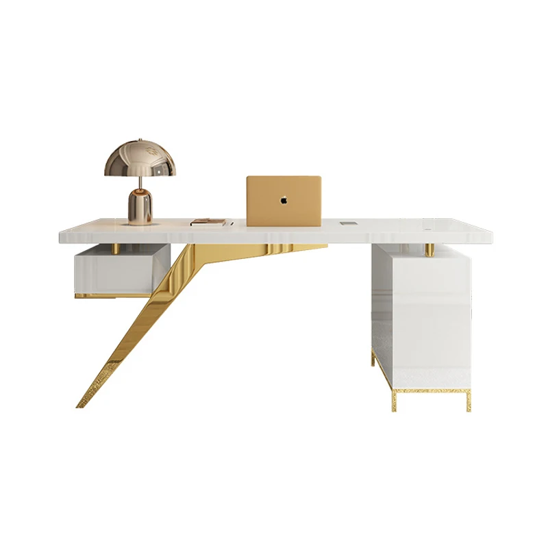 

Light luxury storage desk, modern and minimalist study, white paint office desk, stainless steel gilded desk, computer desk