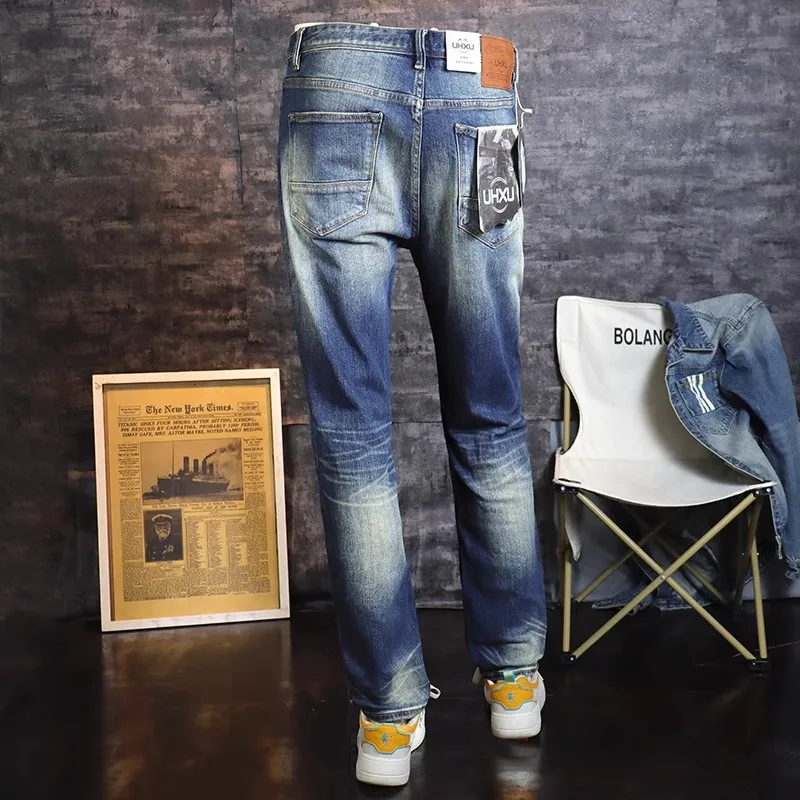 Newly Fashion Designer Men Jeans High Quality Retro Blue Elastic Slim Fit Ripped Jeans Men Vintage Trousers Straight Denim Pants