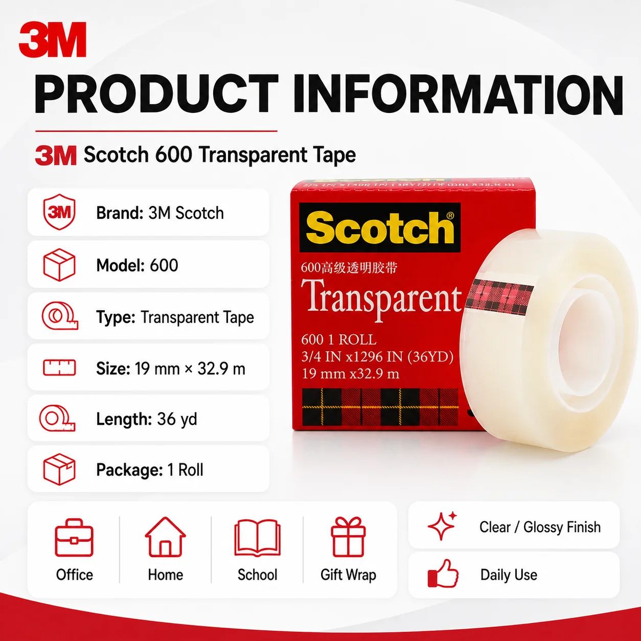 Original 3M Scotch 600 Clear Transparent Tape 19mmx32.9m Office School Gift Wrapping Stationery Packaging Tape